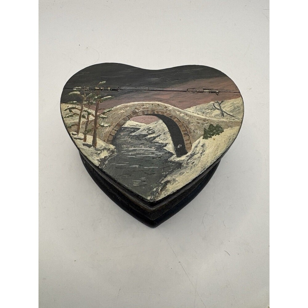 Vintage Heart Shaped Wooden Hand Painted Trinket Box